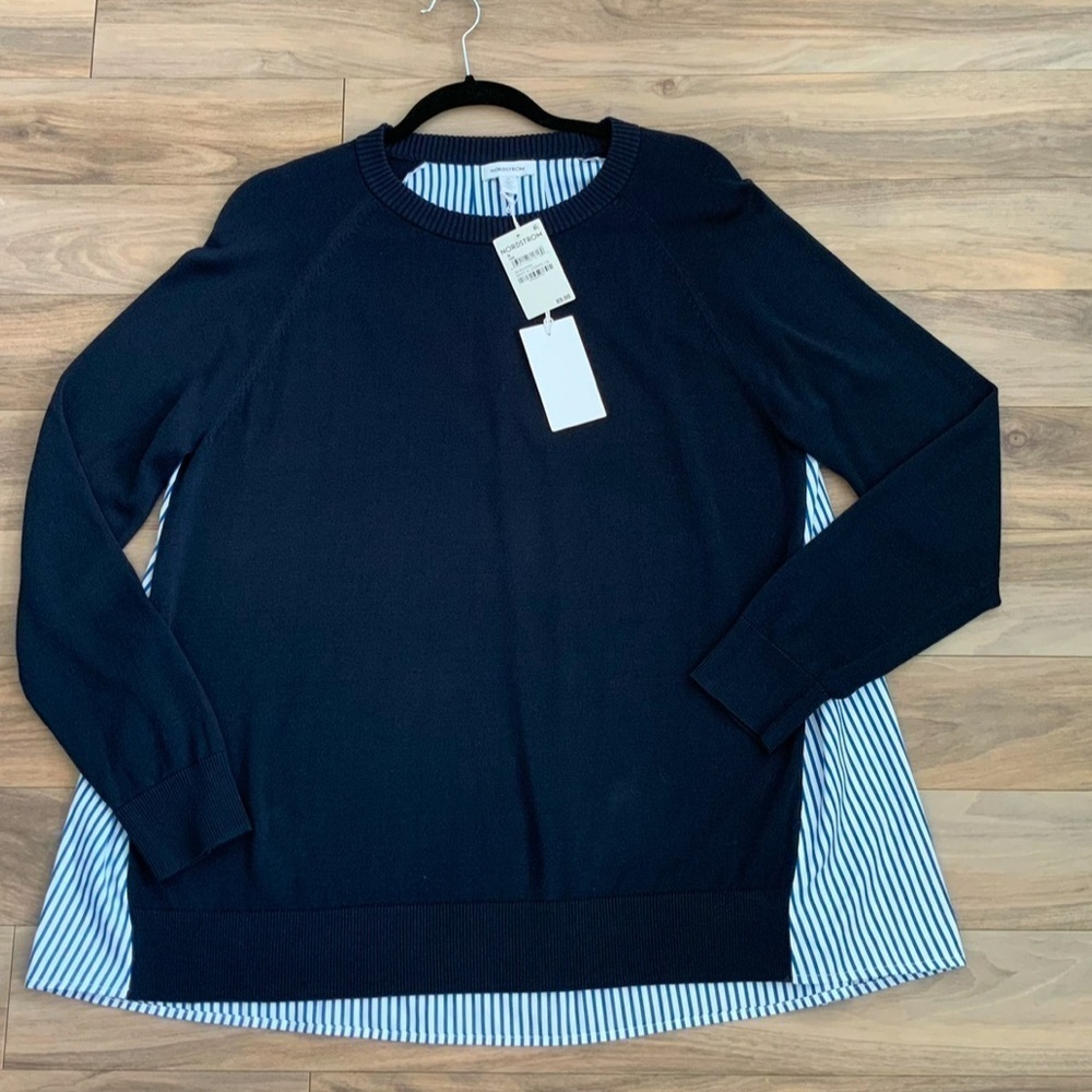 Nordstrom Round Neck Sweater with  Stripe Woven Underlayer - Picture 2 of 8